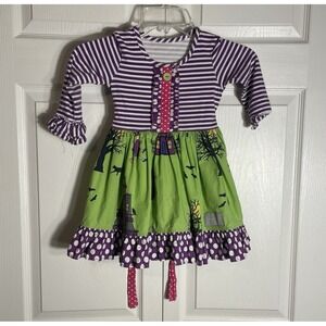 Eleanor Rose Halloween Dress Girls 3-4 Green Purple‎ Witch Cat Polka Dot Ruffle